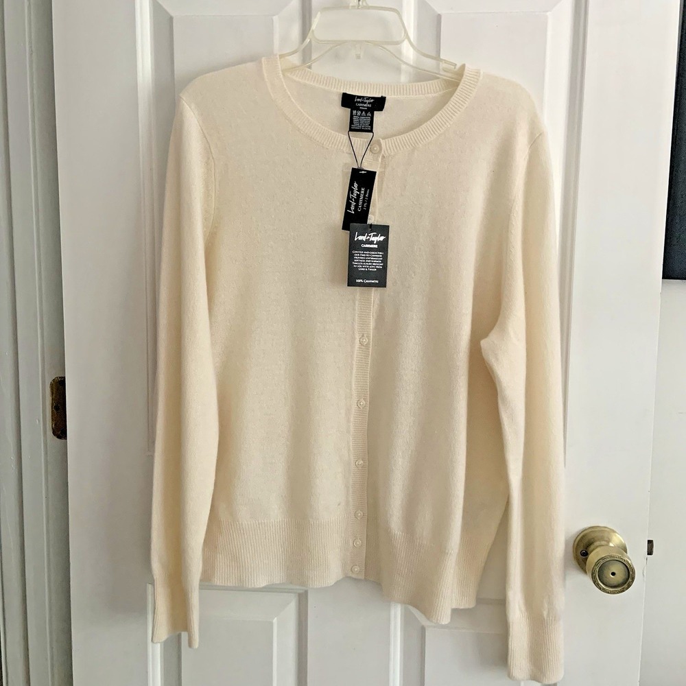 NWT Lord & Taylor Creme White Crew Neck Cashmere Cardigan Plus size 2X